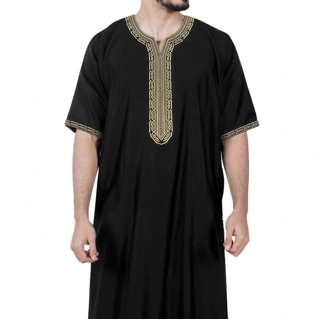2025 Summer Short Sleeve Embroidered Robe for Men Middle Eastern Style Polyester Side Pocket XXL Available Muslim