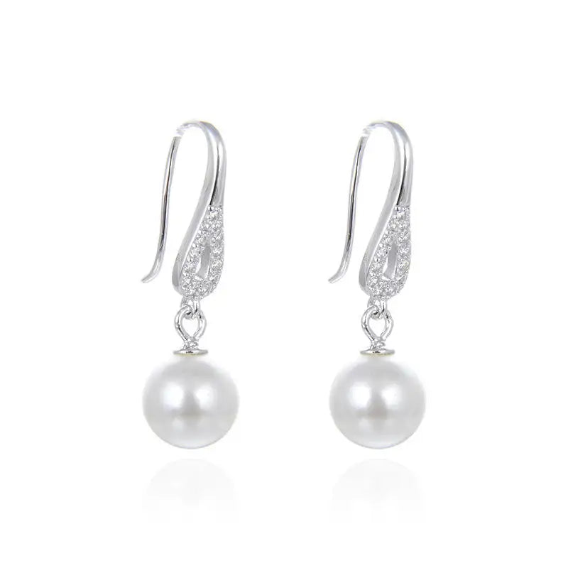 925 Sterling Silver Round White Shell Pearl Drop Earrings Rhodium Plated Micro Zircon 8mm Women's