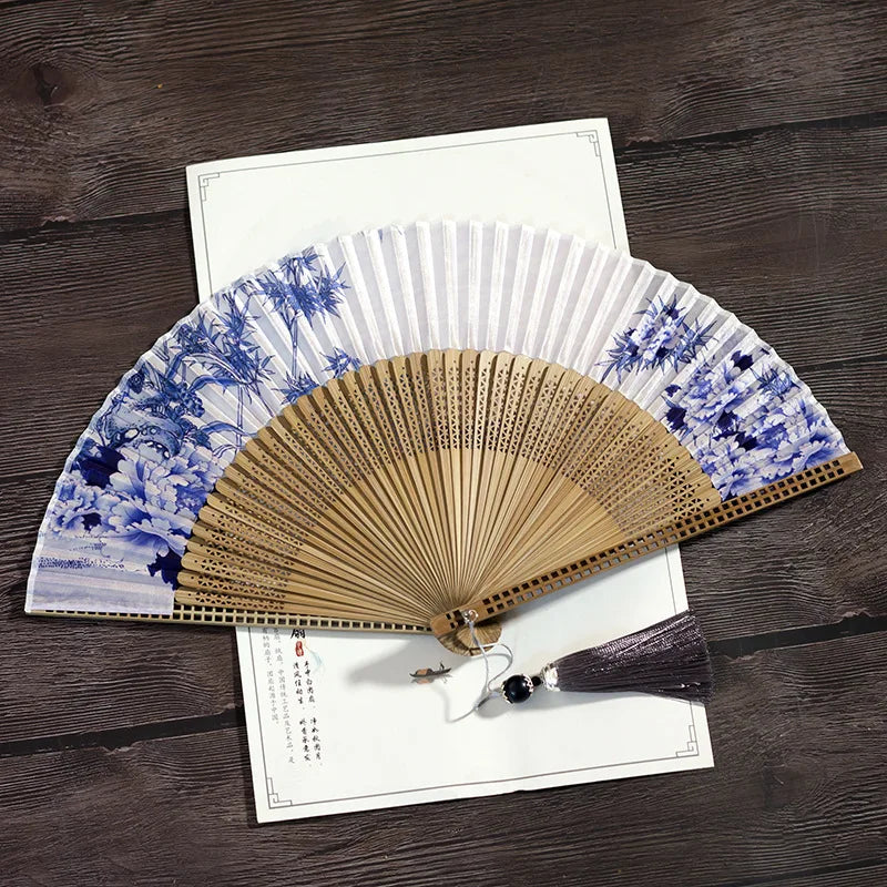 Custom Logo Women's Silk Folding Fan Chinese Style Vintage Bamboo Fan