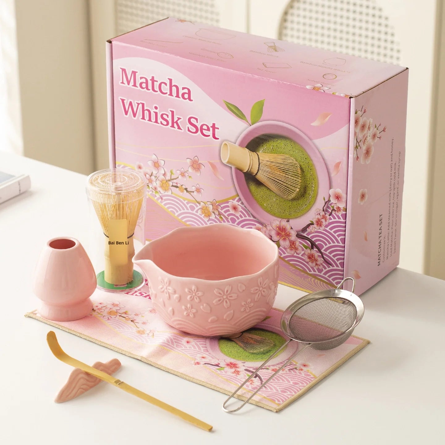Japanese Style Sakura Matcha Tea Set Bowl Song Dynasty Bamboo Whisk & Tea Brush Cross-Border Embossed Ceramic Matcha Tool