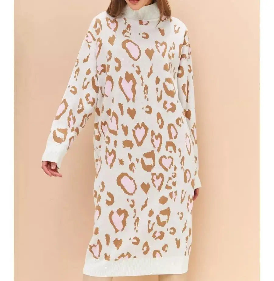 One Size Long Sleeved Pullover Sweater Leopard Print Straight Neck Stand up Long Knit Sweater Sweater Dress