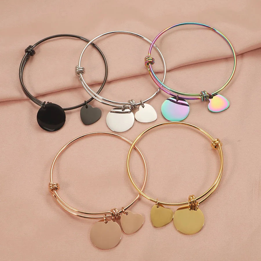 DAIHE Hot Sale DIY Round Heart Blank Bangle Stainless Steel Adjustable Engraved Bracelet Non Tarnish