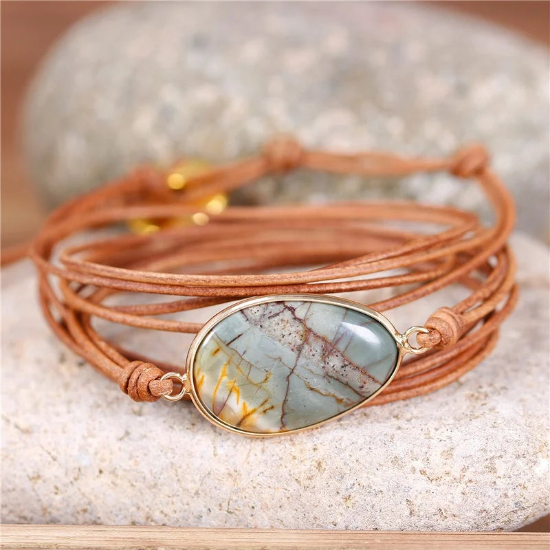 Vintage Picasso Jasper Stone Oval Charm Leather Wrap Bracelet for Women Friendship Gift Wholesale Dropshipping