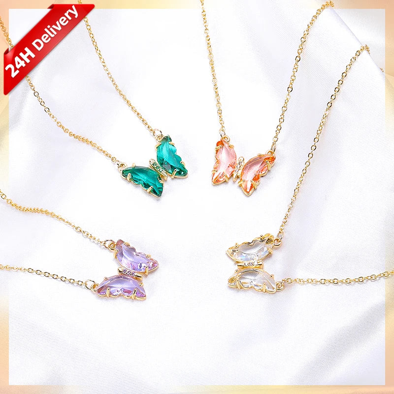 HOVANCI Colorful Glass Crystal 18K Gold Plated Stainless Steel Chain Green Jade butterfly Necklace