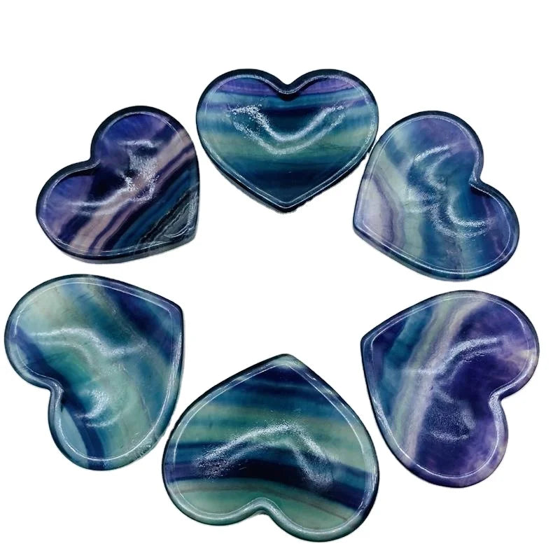 Rainbow Fluorite Bowl Carved Healing Gemstone Carving Crafts Hearts Shape Crystal Bowls for Decoration
