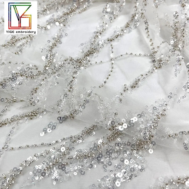 New Fashion 3d Luxury French Bridal White Beaded Sequined African Evening Dress Stripe Embroidery Mesh Lace Fabric