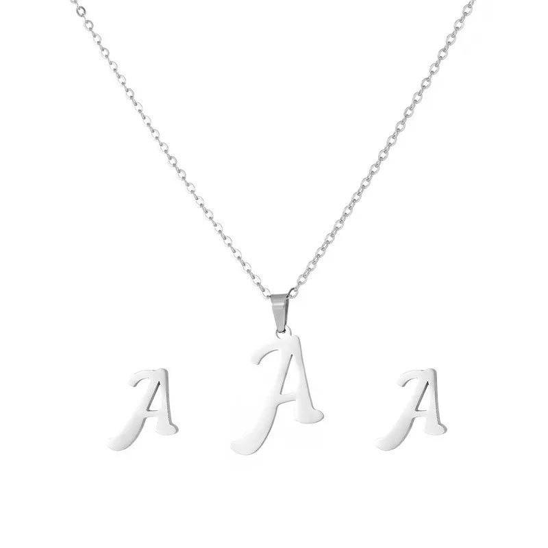 26 English Letters Do Not Fade Earring Necklace Pendant Jewelry Set 2022 Ins Fashion Stainless Steel Silver Titanium Steel Gold