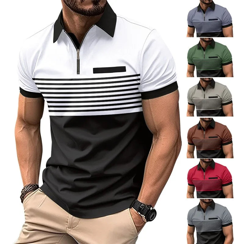 Custom Men's Casual Stripe Shirt Plus Size 100% Polyester Anti-Wrinkle Knitted Business Style Chest Pocket Lapel Zipper T-shirt