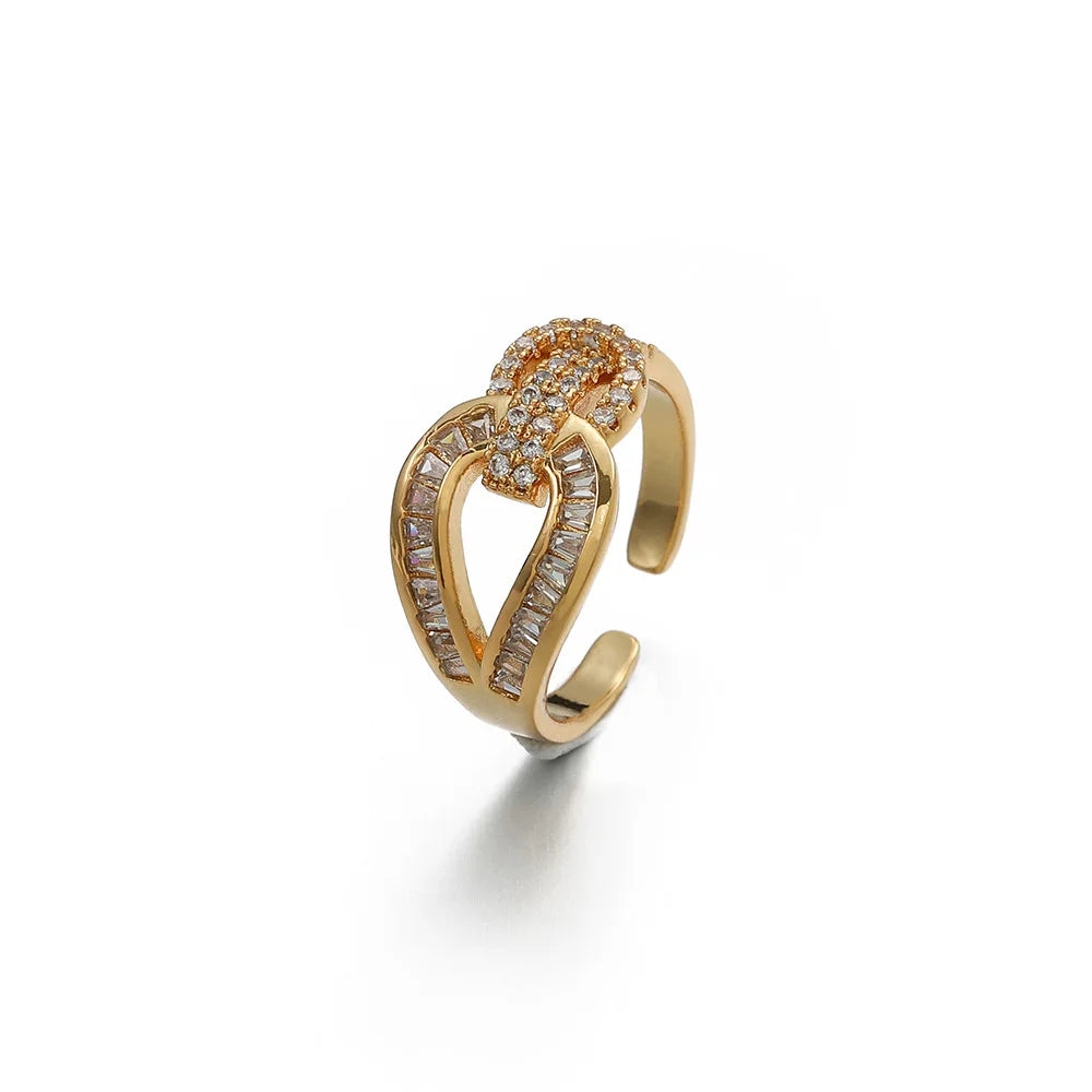 Shescity Trendy Opening Gold Plated Brass Material Zircon Rings Minimalist Knot Designer Women Finger Rings Jewelry