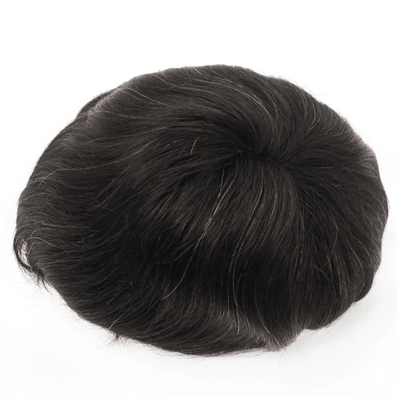 Men's 8*10inch V-Loop Toupee Replacement Hair System Natural Thin Skin PU Wig with Indian Hair Bangs Model 12A 28mm