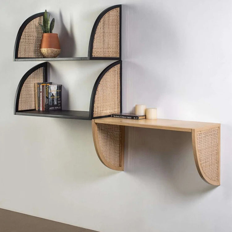 High-quality Natural Nordic Wooden Wall Mount Shelf Rattan Wall Shelf
