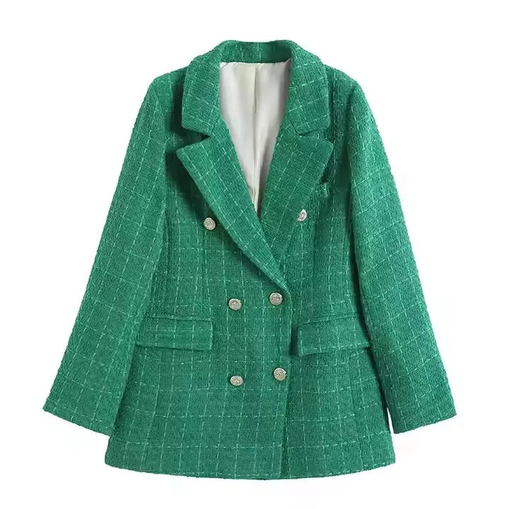 Vintage Long Sleeve Flap Pockets Female Outerwear Chic Vestes 2025 Women Fashion Double Breasted Houndstooth Blazer Coat