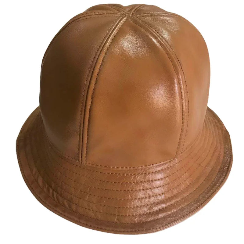 Woman Winter Fashion Real Sheep Leather Bucket Hat Classic Fisherman Leather Hats for Women Winter Cap