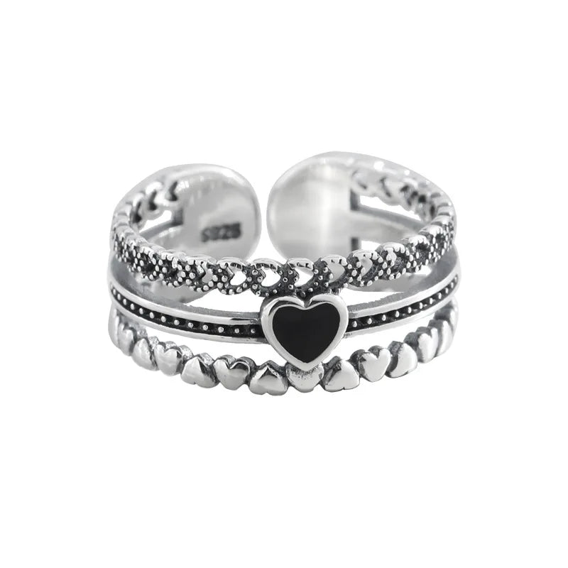 SC Hot Selling Three Layer Ring  Open Adjustable Ring Set Fashion Luxury Jewelry Retro Black Heart Rings for Women