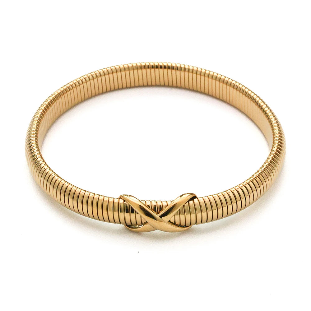 Trendy 18K Gold Filled Chunky Chain Cuff Bangle Stainless Steel Non Tarnish Waterproof Cross Knot Wristband Bracelet YF4152