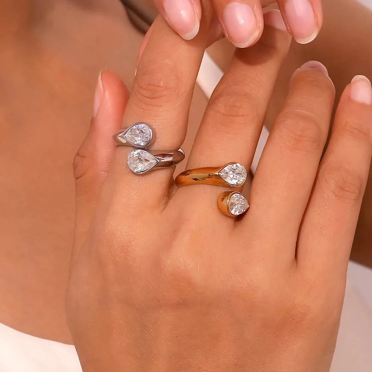 New Dainty Luxury Stainless Steel Women Jewelry Ring 18K Gold Asymmetric Water Drop Zircon Open Rings