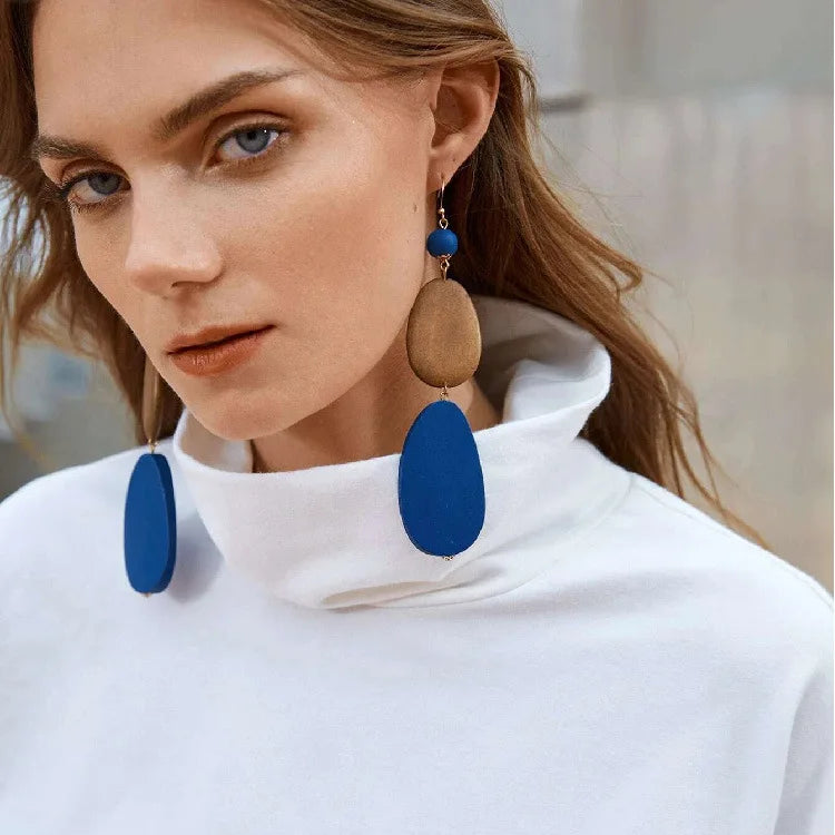 Europe Hot Selling Exaggerated Wooden Long Earrings Fashion Water Drop Shape Blue Eardrop Stud Earrings Jewelry for Girl