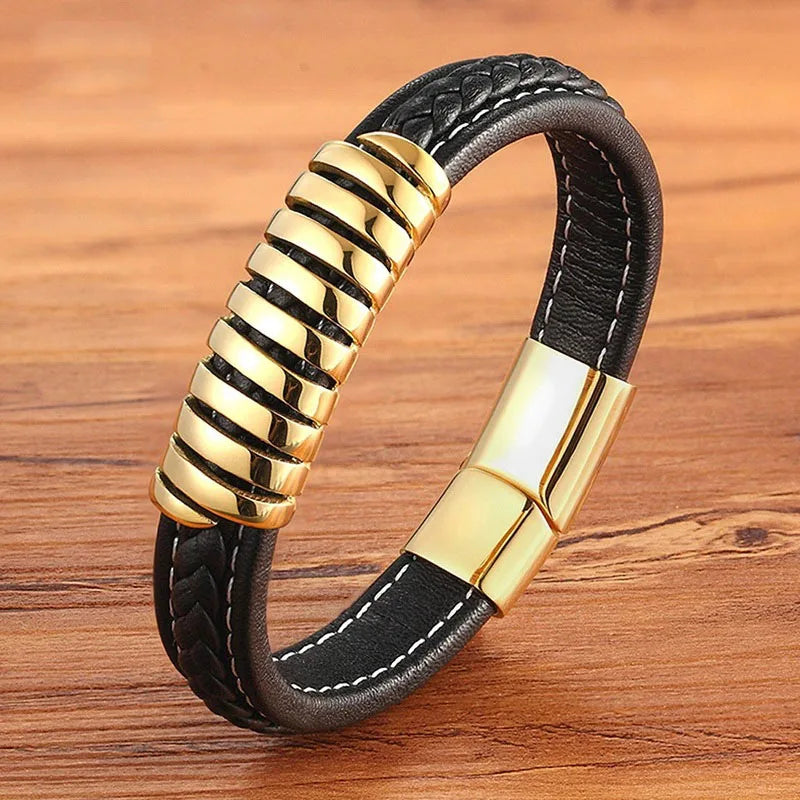 Trendy Design Black Braided Genuine Leather Stainless Steel Magnet Clasp Casual/Sporty Men's Bangles Gift Jewelry