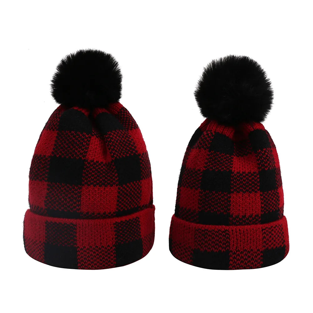 Christmas Red Black Color Checked Wool Bobble Bennie Hat for Adult and Kid Mother Daughter Sun Hats