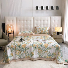 Luxury Breathable Bed Sheets Bedding Summer Lyocell Fiber Green Pillow Cover Beige Printed Quilt Set Supplier