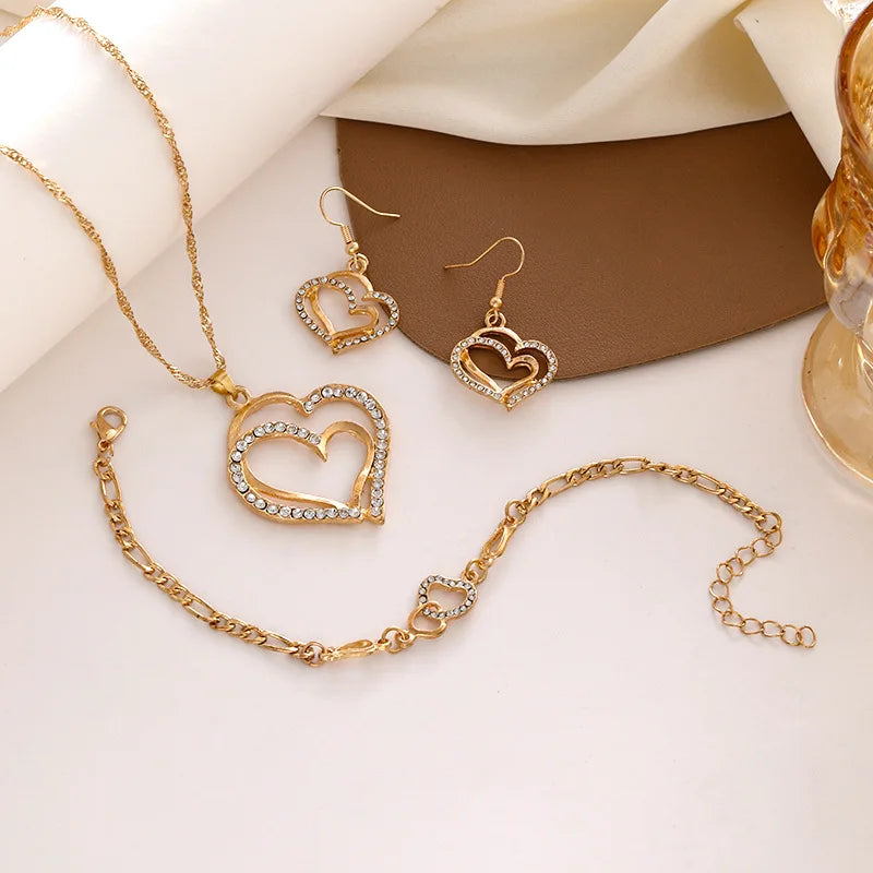 New Jewelry Set Wedding Dinner Wedding Accessories Double Heart Heart Earrings Necklace Bracelet in Stock