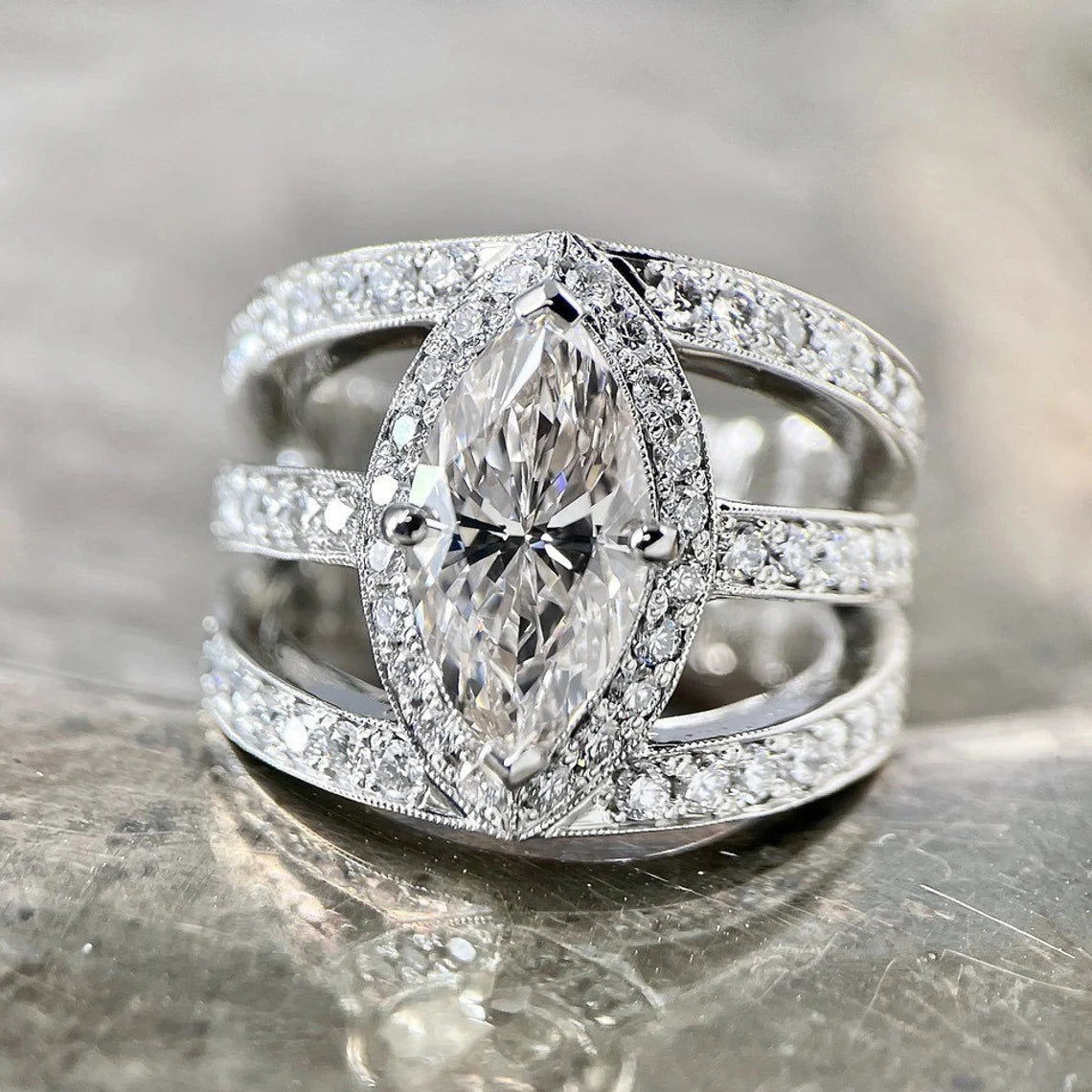 CAOSHI Wholesale Luxury Marquise Cut Crystal Three Layers Cubic Zirconia Band Rings for Bridal Wedding Silver Plated Rings Women