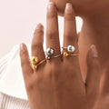 Designer French Style Statement Stainless Steel Ball Pearl Open Ring for Women