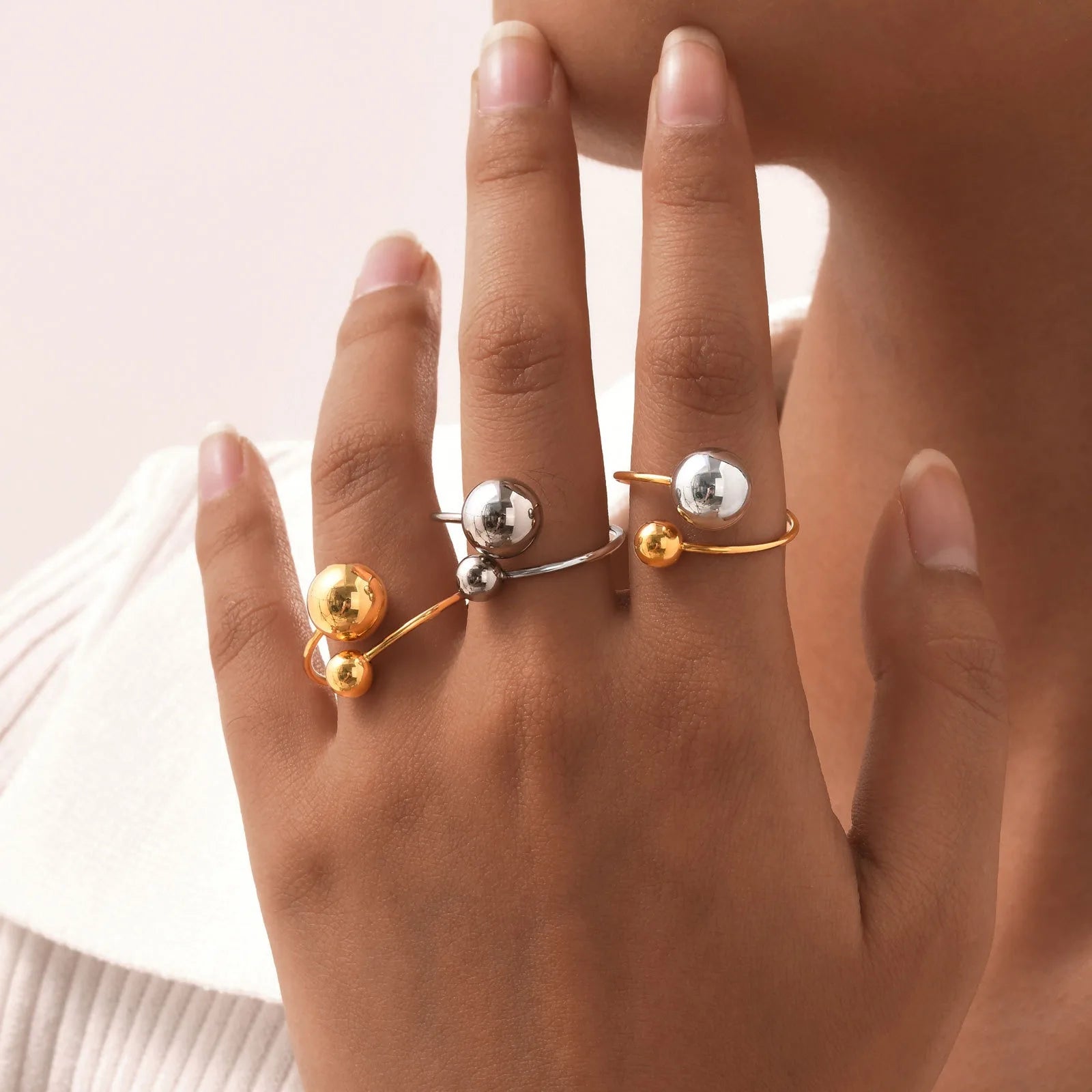 Designer French Style Statement Stainless Steel Ball Pearl Open Ring for Women