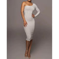 Women Grey One Shoulder Long Sleeve Bodycon Midi Dresses 2026 Summer Slim Fit Stretchy Party Evening Clubwear Asymmetric Dress