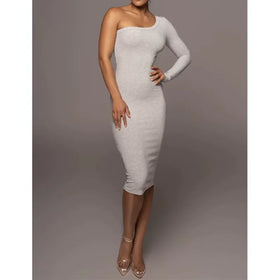 Women Grey One Shoulder Long Sleeve Bodycon Midi Dresses 2026 Summer Slim Fit Stretchy Party Evening Clubwear Asymmetric Dress