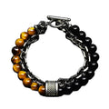 Geometric Pattern Double Layer Beaded Bracelet for Men Silver Tiger Eye Onyx Onyx Adjustable Stainless Steel Chain Trendy Style