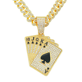 HIP HOP Iced Out Poker Necklace With 13mm Cuban Chain Rhinestone Crystal Spades Pendant Necklaces for Men's Women Rapper Jewelry