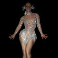 Pole Dance Leotard Crystal Stripper Outfits  Women Performance Wear Rhinestone Mesh Jumpsuits Bodycon Club Bodysuits