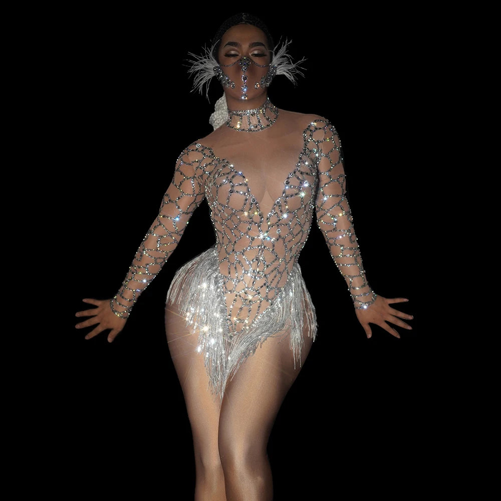 Pole Dance Leotard Crystal Stripper Outfits  Women Performance Wear Rhinestone Mesh Jumpsuits Bodycon Club Bodysuits