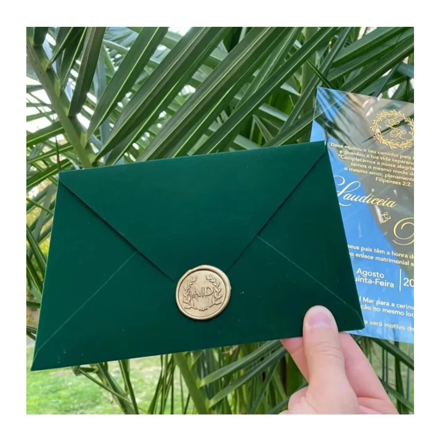 Luxury Classic Green Velvet Envelope Covers Mariage Quinceanera Acrylic Wedding Invitation Card With Wax Seal