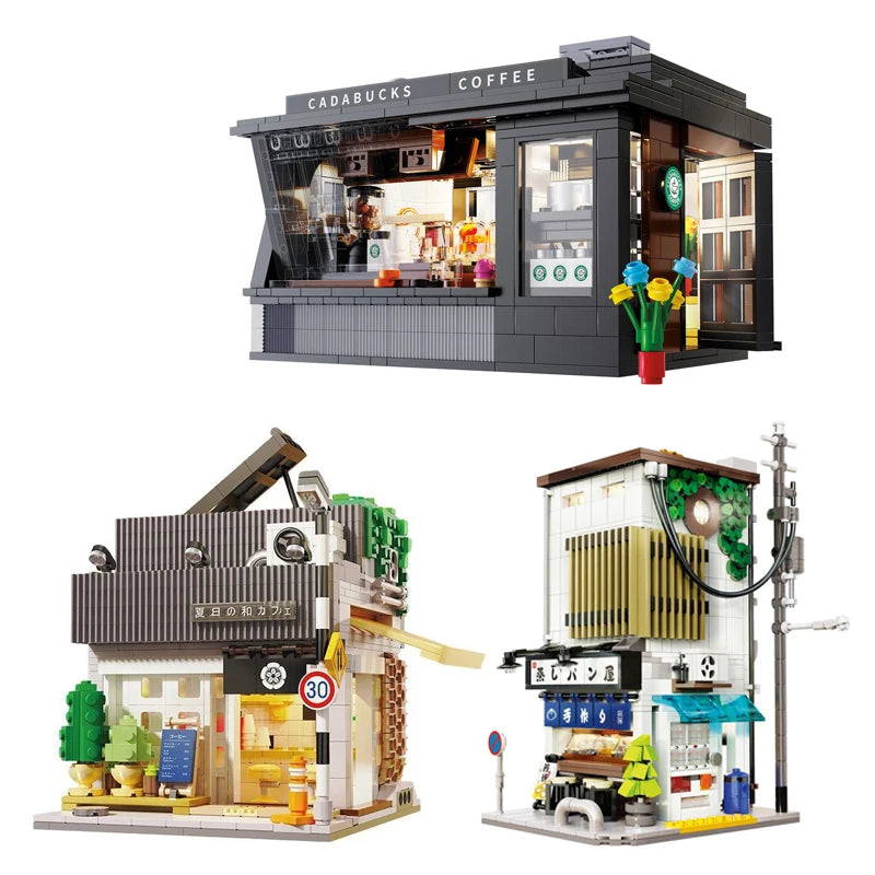 City Street Building Blocks with USB Lights C66005-C66007 Plastic House Architecture Coffee Shop Assembly Model Toys Bricks