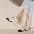 Retro Thick Heels Small Fragrance Style Color Blocked PU Leather Pearl Rough Single Order Shoes High Heels for Women