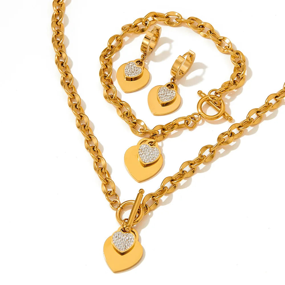 Fashion Ins Crystal Cubic Zircon Heart Pendant Necklace Bracelet Stainless Steel Chaint Ladies Jewelry Set