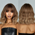 In-stock MOQ1 Short Brown Water Wavy Synthetic Heat Resistant Wigs Shoulder Length Wig with Bangs Natural Wavy Hairs