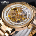 Winner New 2023 Luxury Golden Mechanical Watch Men's Auto Stainless Steel Strap Luminous Hands Skeleton Business Wrist Watches G