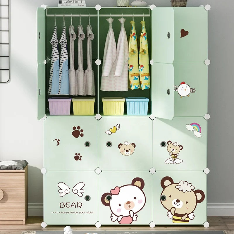 Good Quality PP Folding Plastic Modern Home Children's Wardrobe Baby 12 Cubes Lovely Stickers Portable Kids Closet