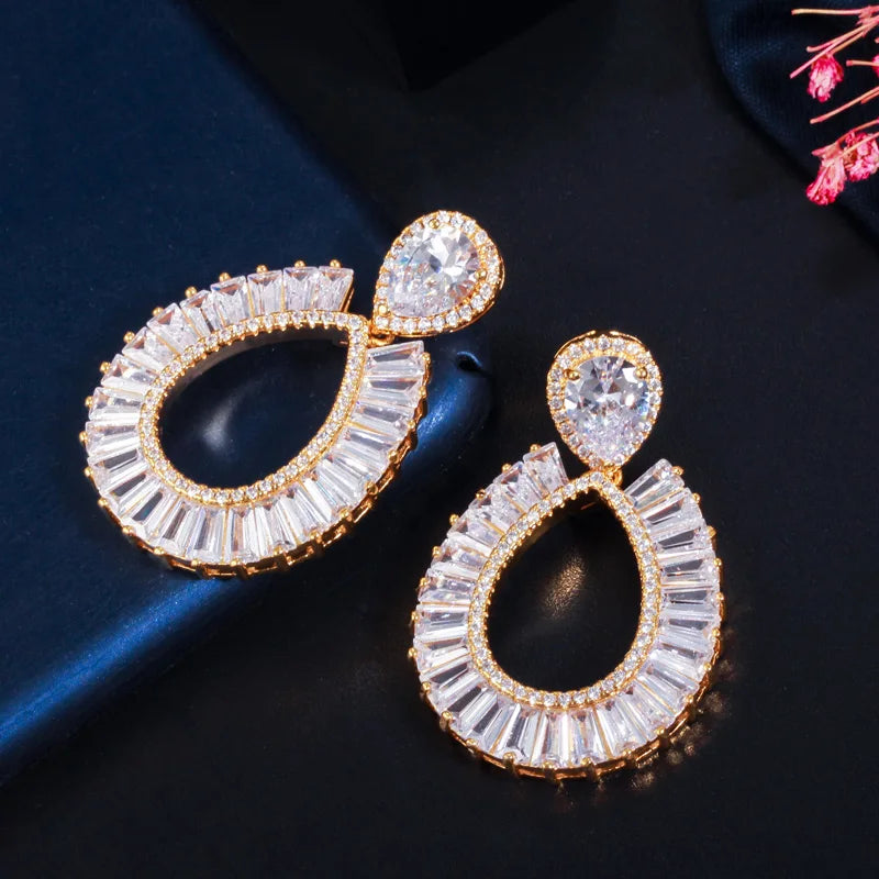 Shiny Rectangle Cubic Zirconia Stone 925 Sliver Post Large Round Dangle Drop Earrings for Women Bridal Jewelry Accessories