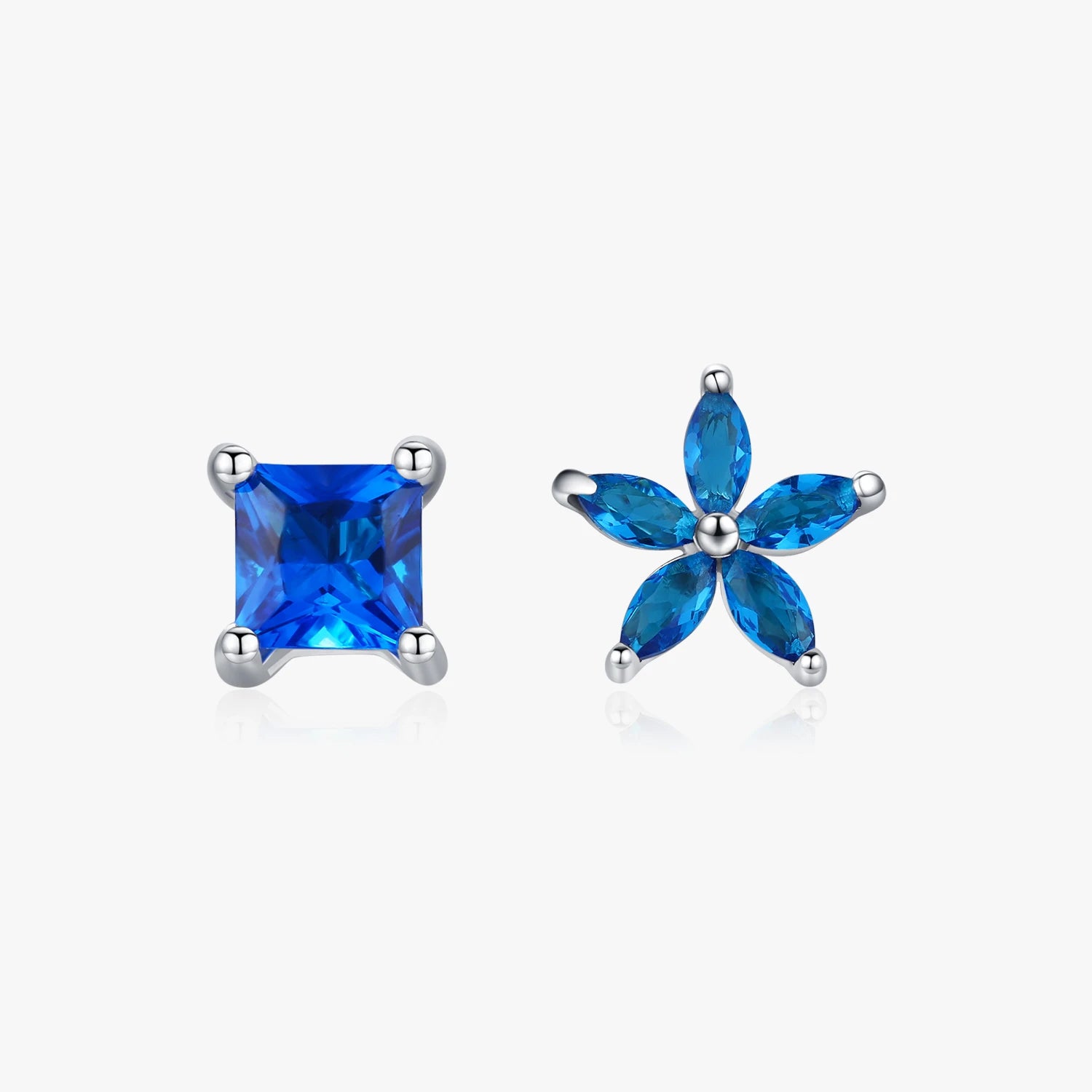 Trendy 925 Sterling Silver Blue Zirconia Asymmetry Square Flowers Stud Earrings