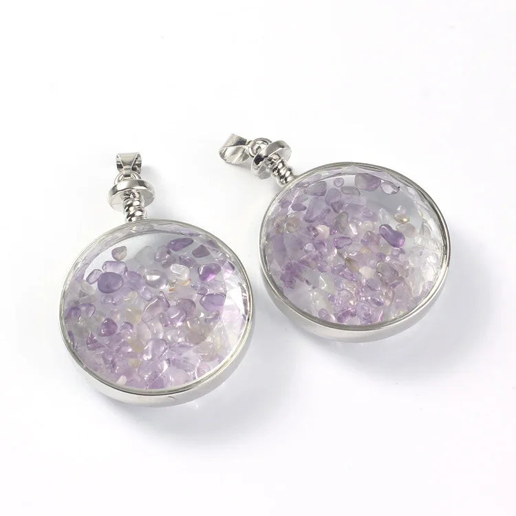 HZ New Fashion gemstone memory locket/wholesale round locket with clear amethyst gemstone pendant healing crystals Jewelry