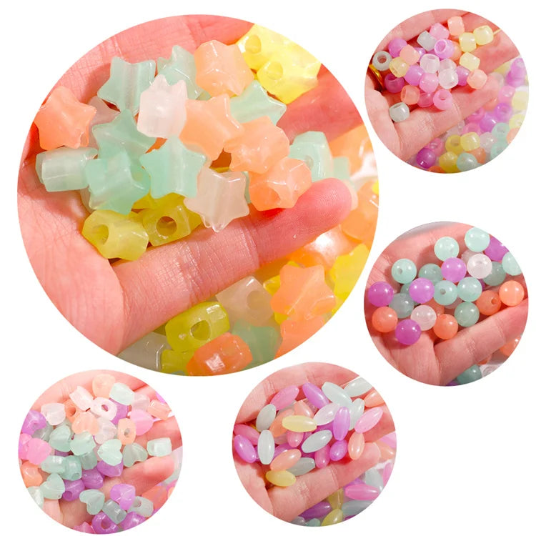Hisenlee 500pcs UV Acrylic Beads Set Mixed Colors in Round Heart Star Oval Cylindrical Shapes 5pcs Assorted Beads