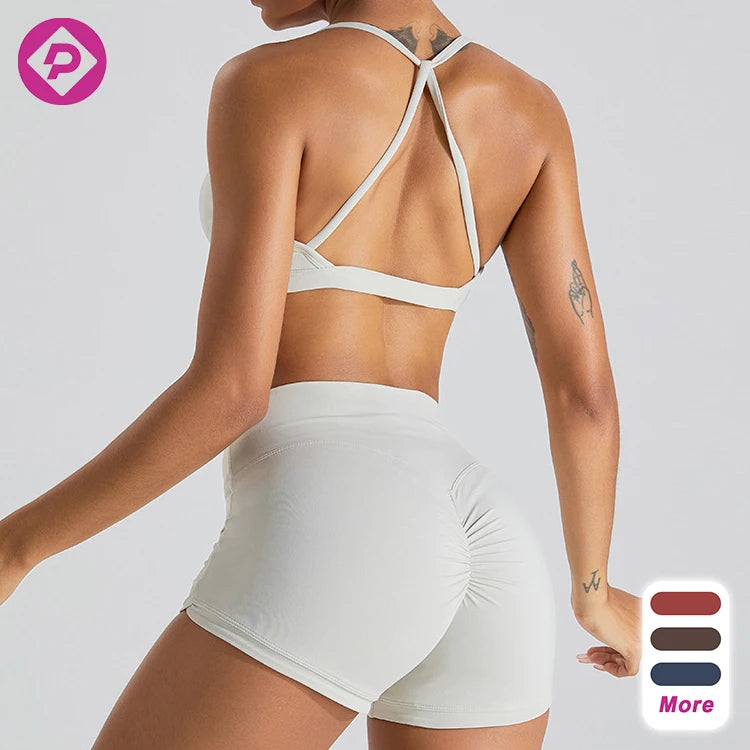 Comfortable Fit Crossed Back Pleated V Neckline Sports Bra Shorts Outdoor Athletic Running Women Yoga Set