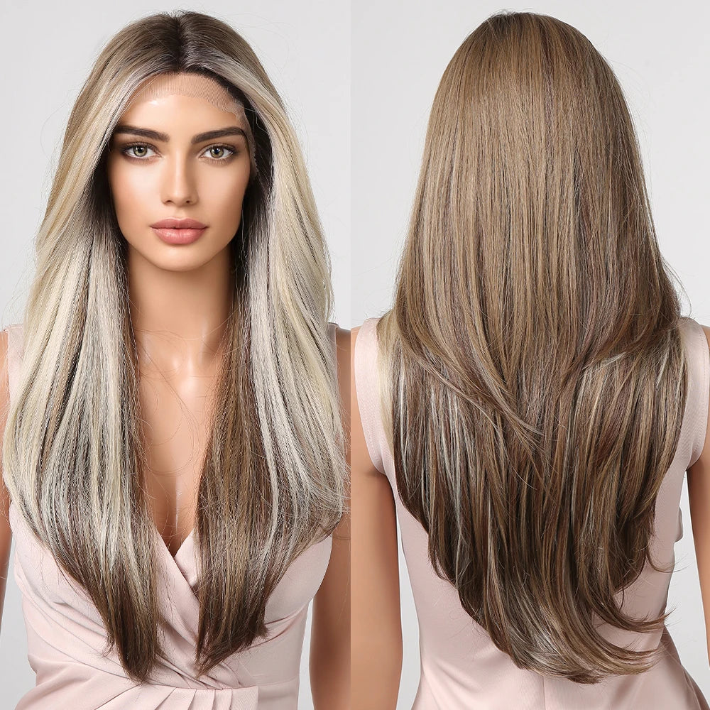 Future Fibers Brown Highlight Blonde Synthetic Lace Front Wig Long Straight Pre Plucked Lace Wig with Baby Hair for Women