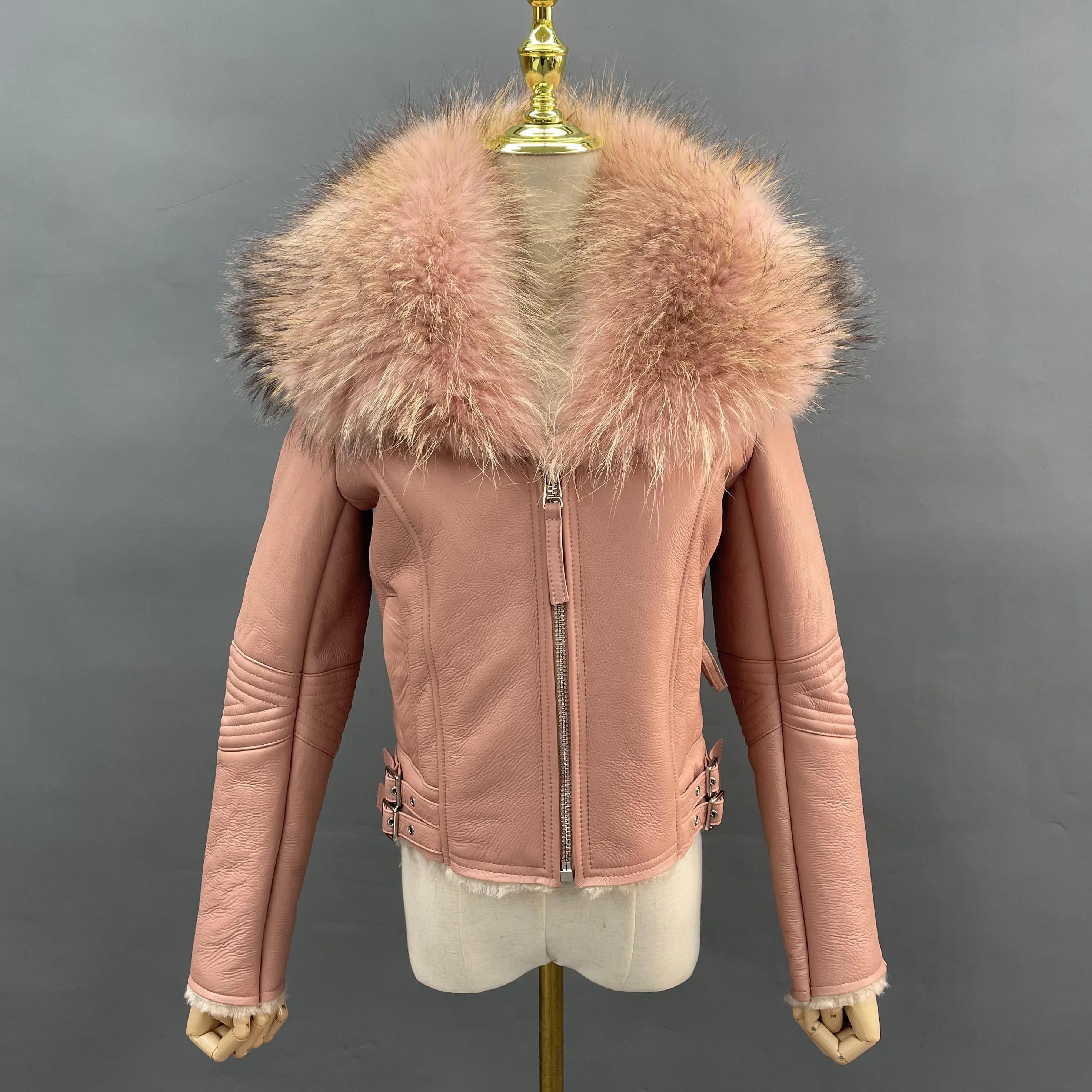 5XL Wholesale Fluffy Fur Collar Jacket Customized Color Real Raccoon Fur Cropped Shearling Double Face Fur Coat