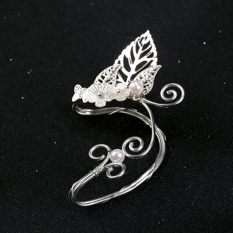 Chic Elf Ear Cuff Pearl Hollowed Flower Leaf Cosplay Fairy Earring Clips for Women Girls Wedding jewelry