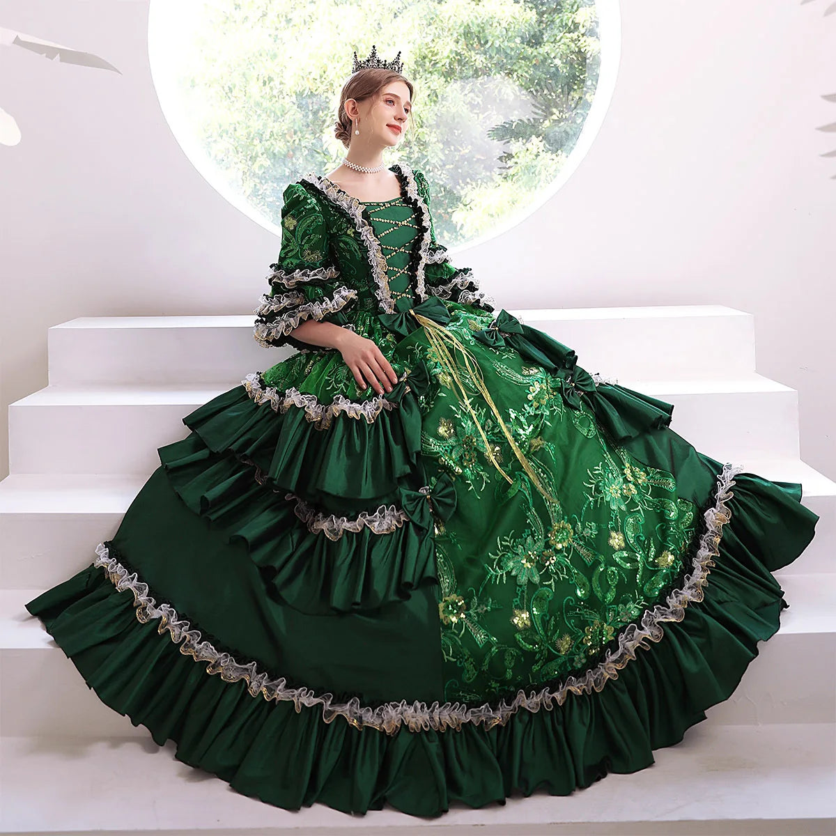 Elegant Renaissance Vintage Coffee Floral Jacquard Gothic Victorian Dress Women Marie Antoinette Ball Gown Theater Costume